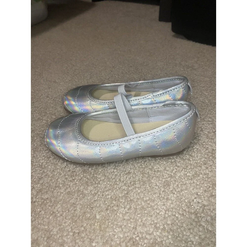 Carter’s Toddler Girls Silver Metallic Flats Dress Shoes Bow Size 7C Wedding